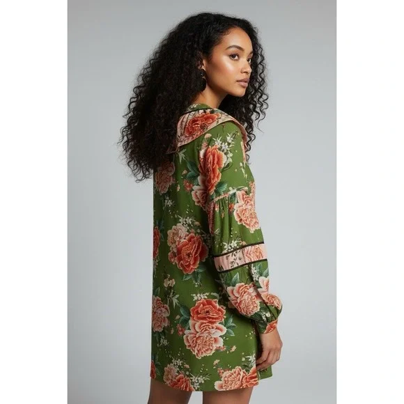 FARM Rio Anthropologie Elinor Tunic Dress Green & Pink Floral Ruffle Size M - Picture 2 of 14